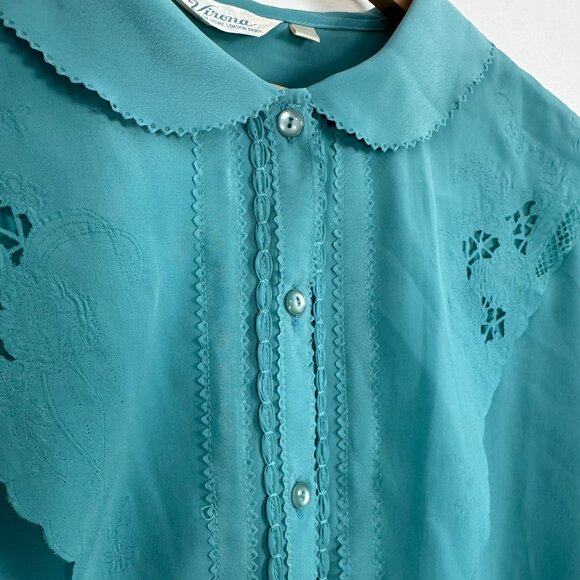 Vintage VIRONA Light Teal Embroidered Long Sleeve Blouse - Size 40 EU - Picture 4 of 11
